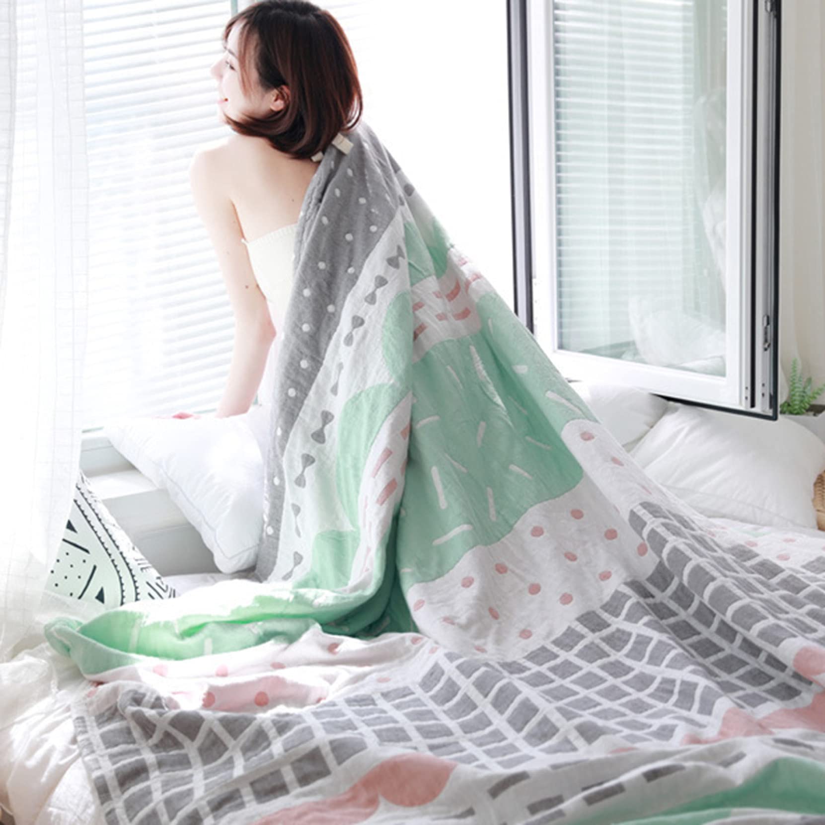 Amazon.co.jp: タオルケット グリーン 幾何柄 3重ガーゼ
